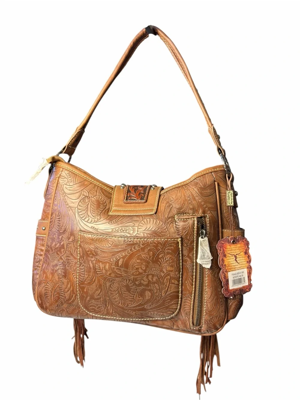 Trinity Ranch Tooled Leather Brown Purse Turquoise Stones Fringe Zippered Pocket